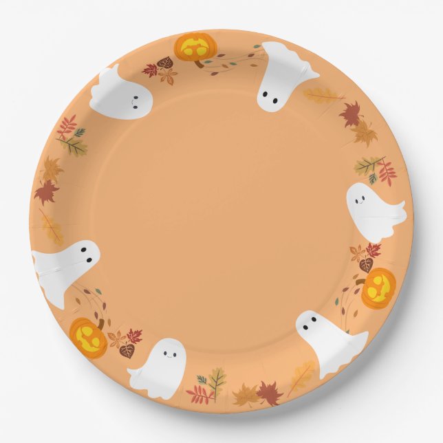 cute halloween ghosts and pumpkins paper plate (Front)