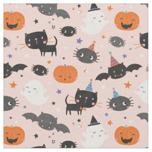 Cute Halloween Ghosts, Bats, Cats and Pumpkins Fabric