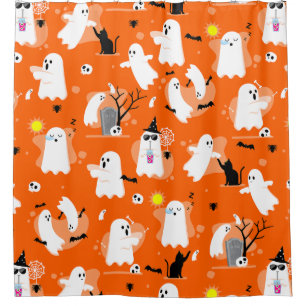 cute halloween ghosts black cat orange shower curtain