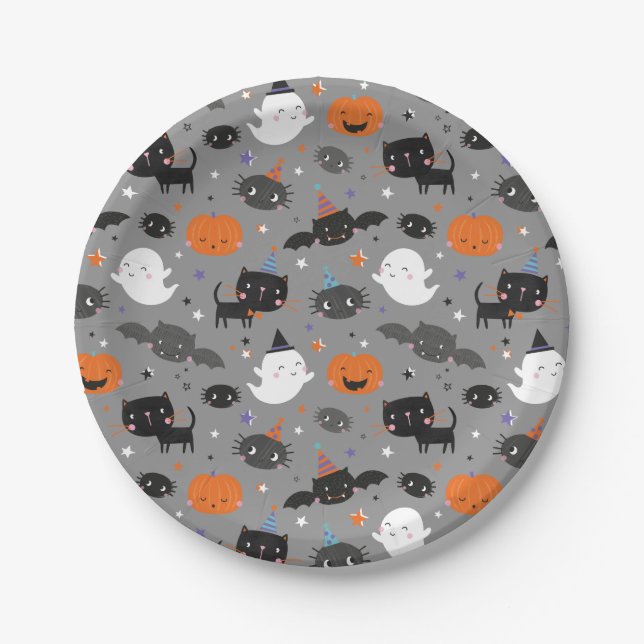 Cute Halloween Ghosts, Cats, Bats and Pumpkins Paper Plate (Front)