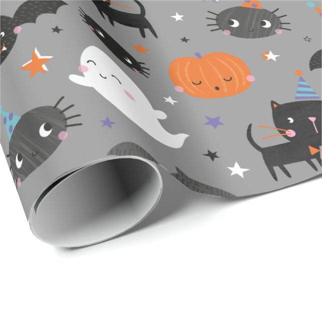 Cute Halloween Ghosts, Cats, Bats and Pumpkins Wrapping Paper (Roll Corner)