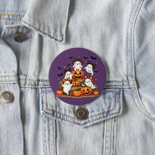 Cute Halloween Ghosts In Coquette Bows & Pumpkins 7.5 Cm Round Badge (In Situ)