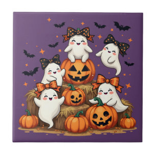 Cute Halloween Ghosts In Coquette Bows & Pumpkins Ceramic Tile