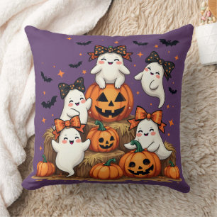 Cute Halloween Ghosts In Coquette Bows & Pumpkins Cushion