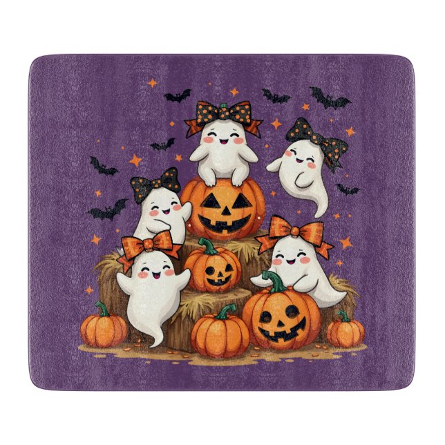 Cute Halloween Ghosts In Coquette Bows & Pumpkins Cutting Board (Front)