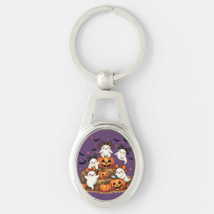 Cute Halloween Ghosts In Coquette Bows & Pumpkins Key Ring