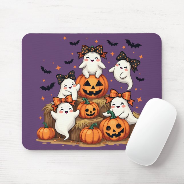 Cute Halloween Ghosts In Coquette Bows & Pumpkins Mouse Pad (With Mouse)