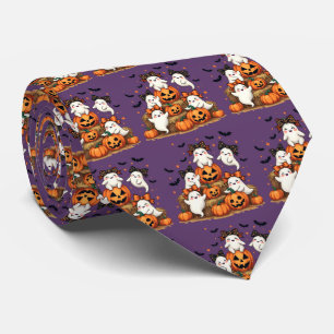 Cute Halloween Ghosts In Coquette Bows & Pumpkins Tie