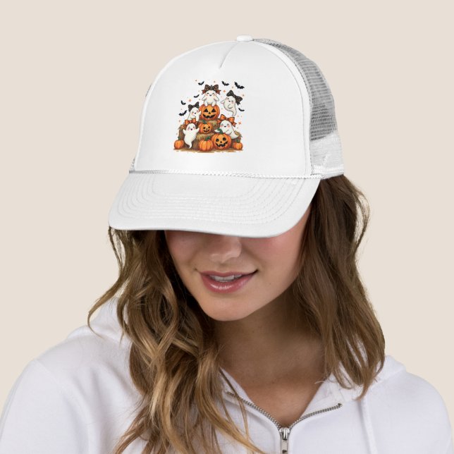 Cute Halloween Ghosts In Coquette Bows & Pumpkins Trucker Hat (In Situ)