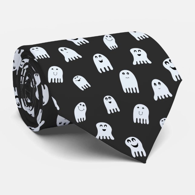 Cute Halloween Ghosts in White & Charcoal Black  Tie (Rolled)