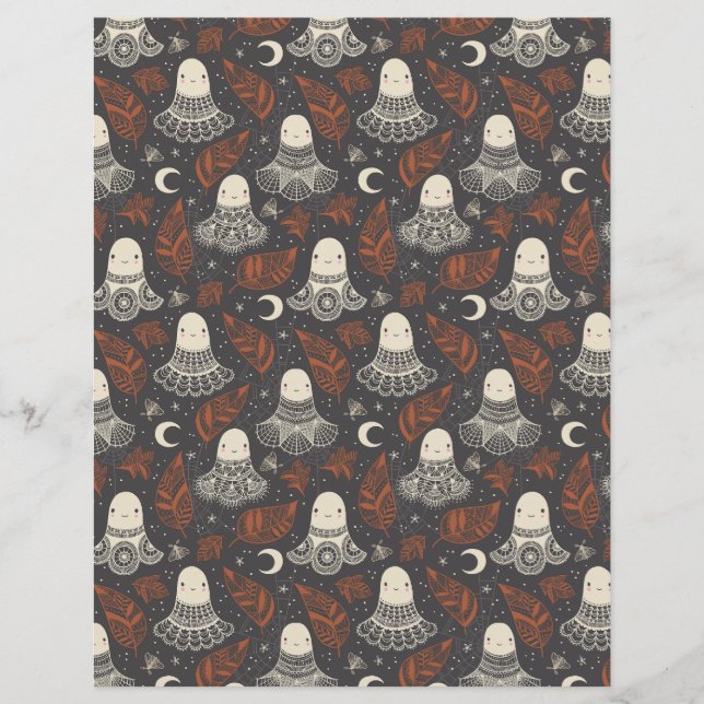 Cute Halloween Ghosts Lace - Rust Scrapbook Paper (Front)