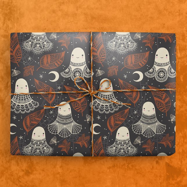 Cute Halloween Ghosts Lace - Rust Wrapping Paper (Gift Mockup)