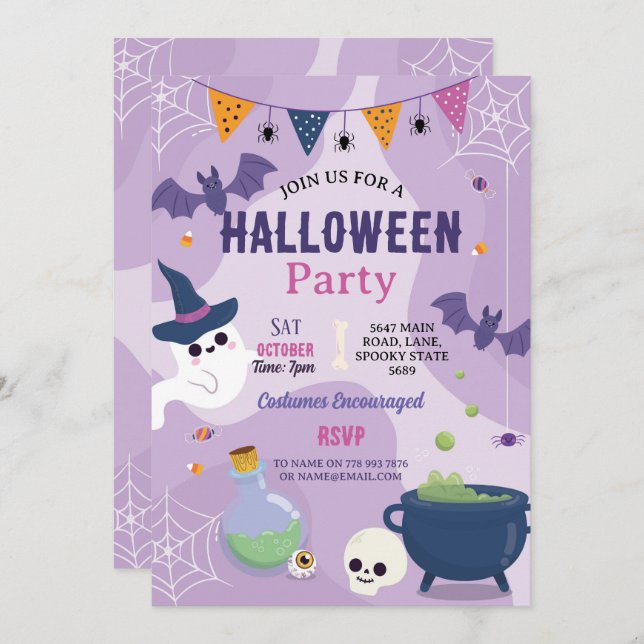 Cute Halloween Ghosts Party Pumpkins Girls Invitation (Front/Back)
