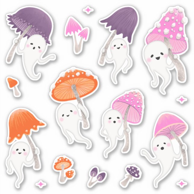 Cute Halloween Ghosts with Mushrooms Sticker Pack (Front)