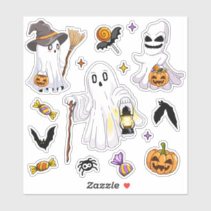 Cute Halloween Ghosts with Witch Hat Lanterns Bats