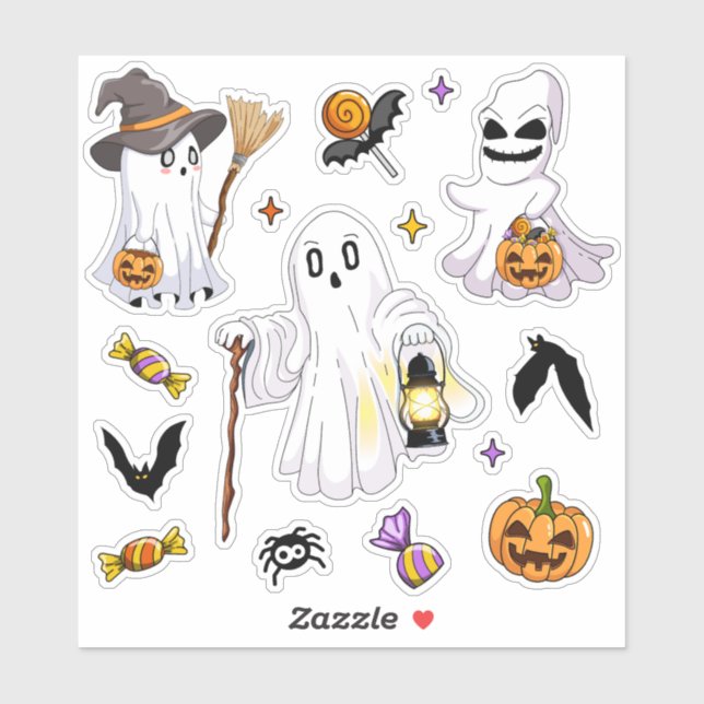 Cute Halloween Ghosts with Witch Hat Lanterns Bats (Sheet)