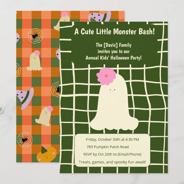 Cute Halloween Gingham Ghost Whimsical Party Invitation (Front/Back)