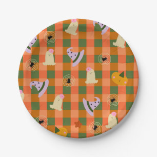 Cute Halloween Gingham Ghost Witch Hat Paper Plate
