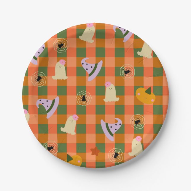 Cute Halloween Gingham Ghost Witch Hat Paper Plate (Front)
