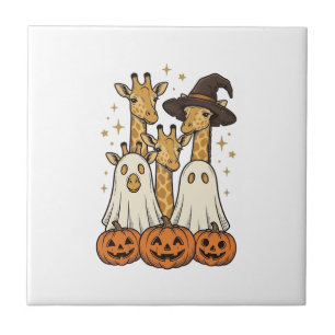 Cute Halloween Giraffe Ghost Pumpkin Shirt Design_ Ceramic Tile