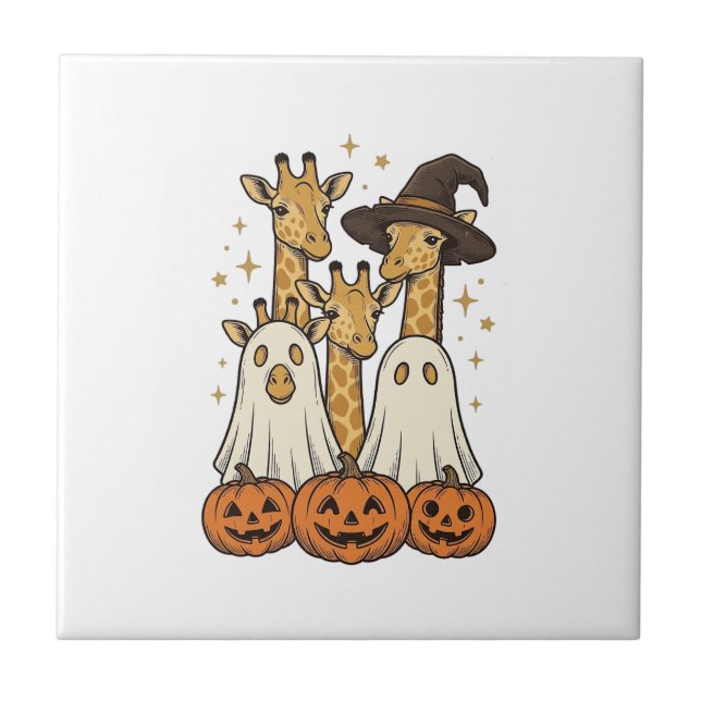 Cute Halloween Giraffe Ghost Pumpkin Shirt Design_ Ceramic Tile (Front)