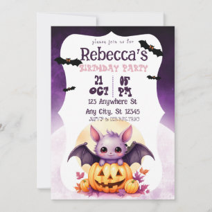 Cute Halloween Girl Halloween Party Purple Bat Invitation