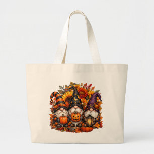 Cute Halloween Gnome Trio Pumpkins Large Tote Bag