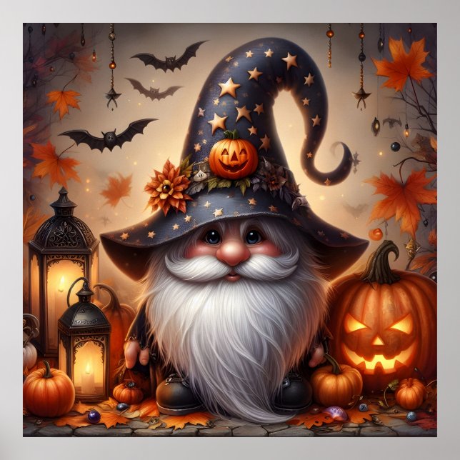 Cute Halloween Gnome with Jack-O-Lanterns  Poster (Front)