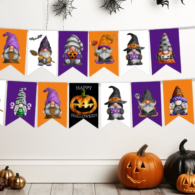 Cute Halloween Gnomes Orange Purple Party Bunting (Creator Uploaded)