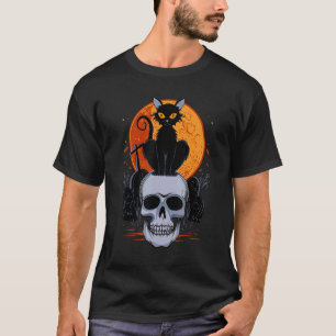 Cute Halloween Gothic Black Cat Standing On Skull T-Shirt