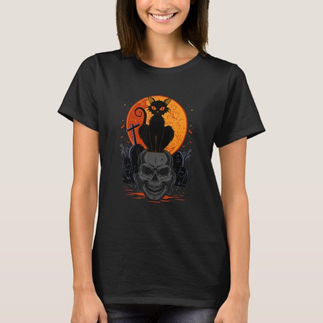 Cute Halloween Gothic Black Cat Standing On Skull  T-Shirt (Front)