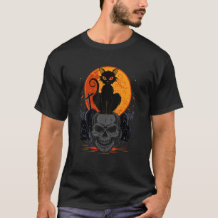 Cute Halloween Gothic Black Cat Standing On Skull  T-Shirt