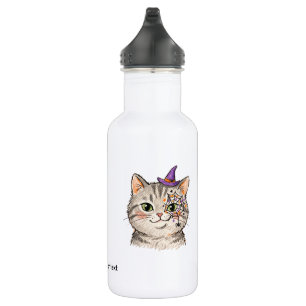 Cute Halloween Grey Tabby Cat Spiderweb Face Paint 532 Ml Water Bottle