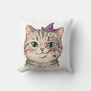 Cute Halloween Grey Tabby Cat Spiderweb Face Paint Cushion