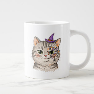 Cute Halloween Grey Tabby Cat Spiderweb Face Paint Large Coffee Mug