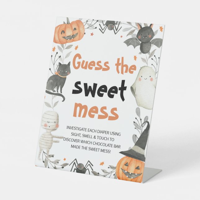 Cute Halloween Guess the Sweet Mess Baby Shower Pedestal Sign (Front)