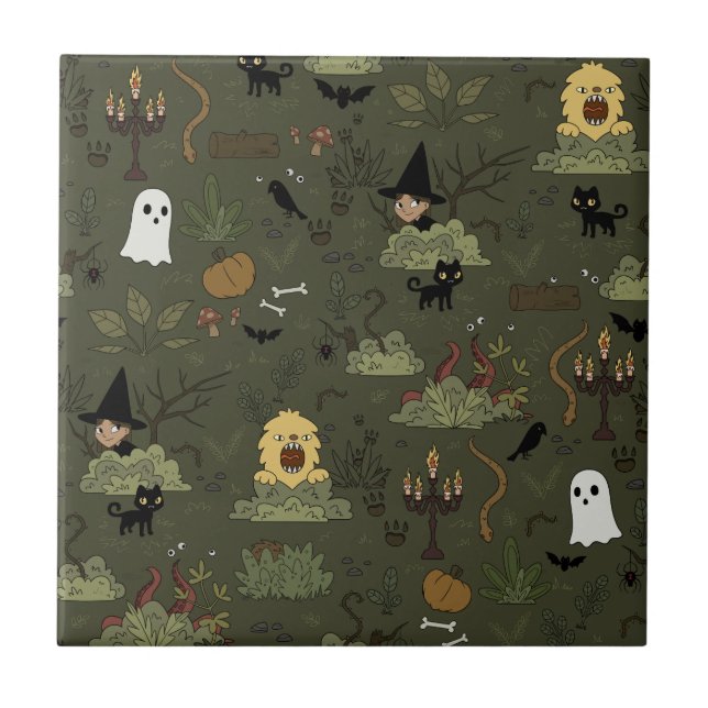 Cute Halloween Haunted Forest Pattern Ceramic Tile (Front)