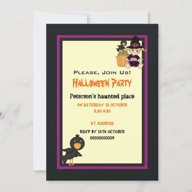 Cute Halloween haunted house and little witch Invitation (Front)