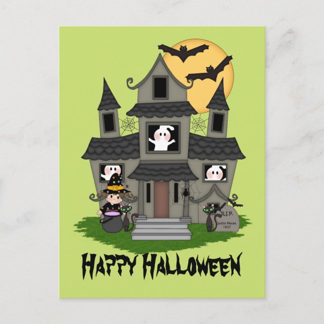 Cute Halloween haunted house and little witch Postcard (Front)