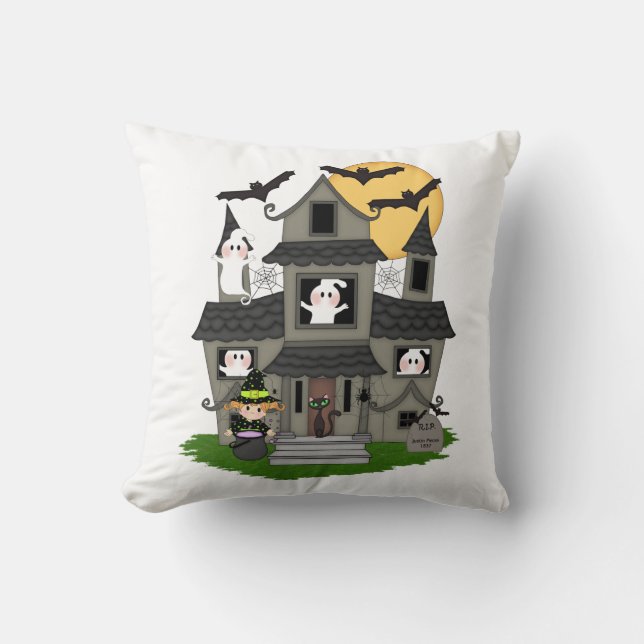Cute Halloween haunted house and little witch Thro Cushion (Front)
