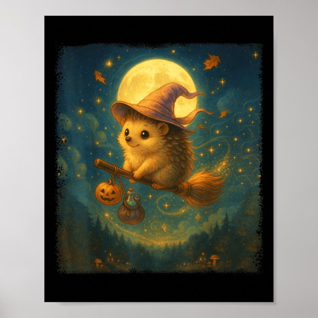 Cute Halloween Hedgehog Broom Ride With Tion And P Poster (Front)