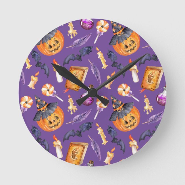 Cute Halloween illustration with pumpkin and bats  Round Clock (Front)