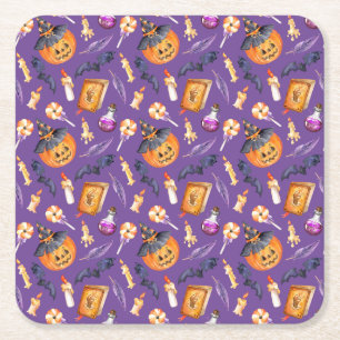 Cute Halloween illustration with pumpkin and bats  Square Paper Coaster