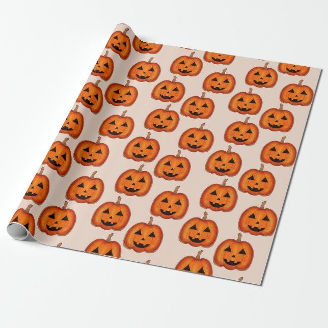 Cute Halloween Jack O Lantern Pumpkin Pattern Wrap Wrapping Paper (Unrolled)