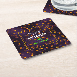 Cute Halloween Jack o Lanterns Bokeh Pattern Square Paper Coaster