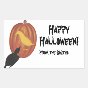 Cute Halloween Jack O'Lantern and Crow Rectangular Sticker