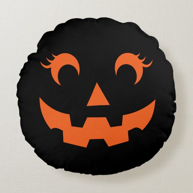 Cute Halloween Jack O'Lantern Pumpkin Face Black Round Cushion (Front)