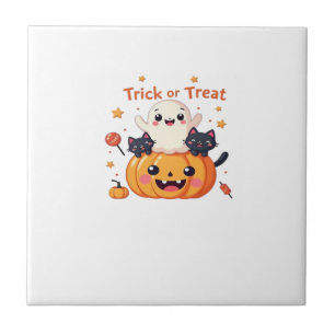 Cute Halloween - Kawaii Ghost and Black Cats Class Ceramic Tile