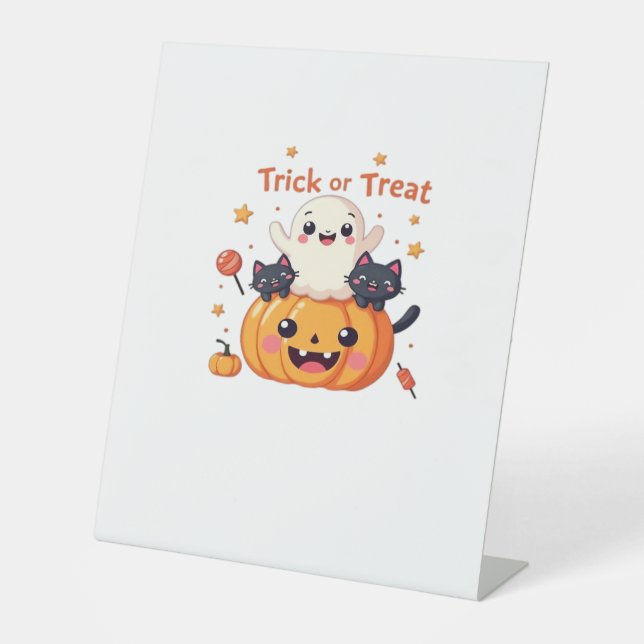 Cute Halloween - Kawaii Ghost and Black Cats Class Pedestal Sign (Front)