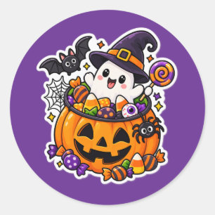 Cute Halloween Kawaii Spooky Ghost Pumpkin Classic Round Sticker